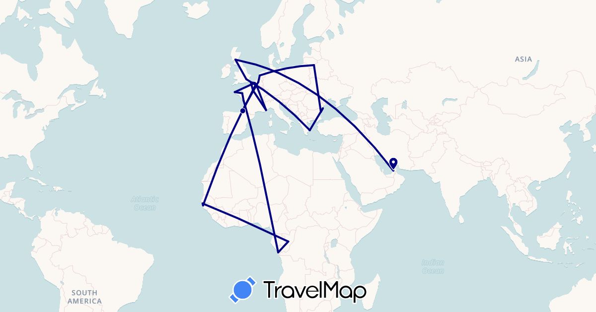 TravelMap itinerary: driving in United Arab Emirates, Belgium, Bulgaria, Republic of the Congo, France, United Kingdom, Gambia, Greece, Lithuania, Netherlands, Romania, Senegal (Africa, Asia, Europe)